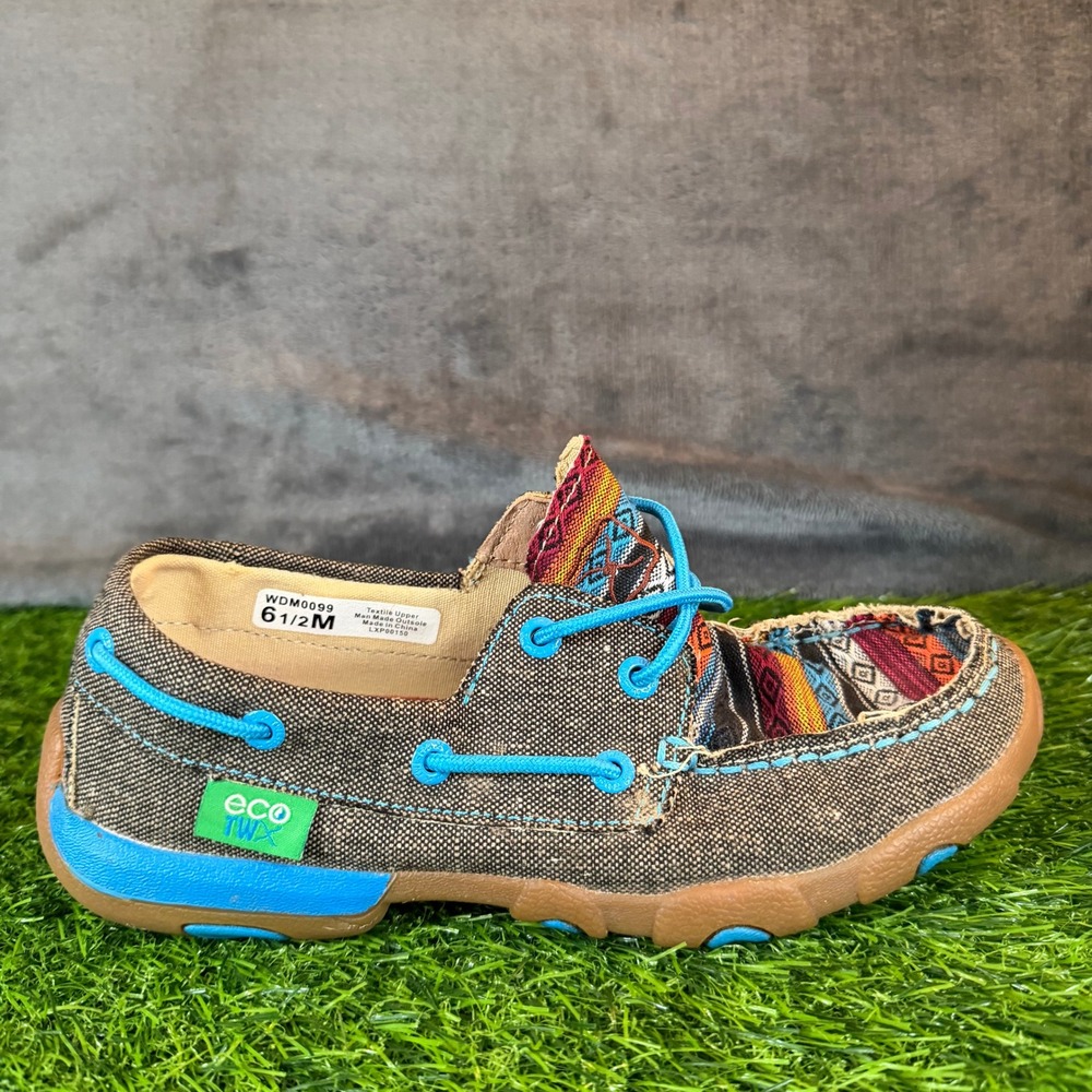 Twisted X ecoTWX Womens 6.5 Driving Loafers Brown Blue Aztec WDM0099 Moc Toe